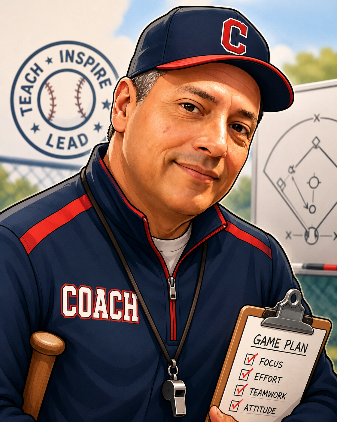 Retrato ilustrado del Profesor Juan con gorra y silbato de entrenador